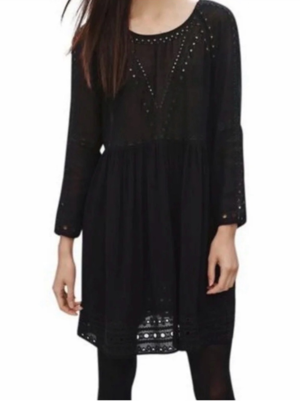 Wilfred Loisel Long Sleeve Black Eyelet Mini Dress Size M Dark Romantic, Boho